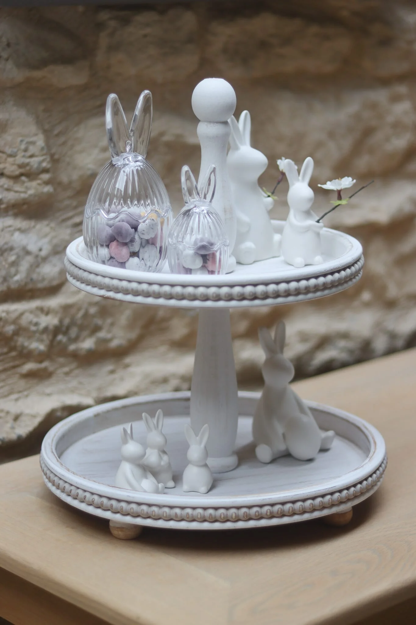 2 Tiered Beaded Cake Stand - White Wash