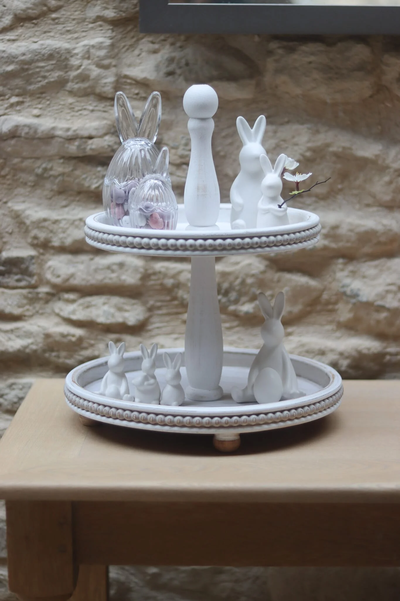 2 Tiered Beaded Cake Stand - White Wash - Image 2
