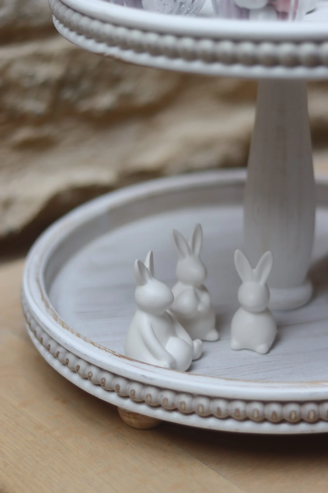 2 Tiered Beaded Cake Stand - White Wash - Image 3