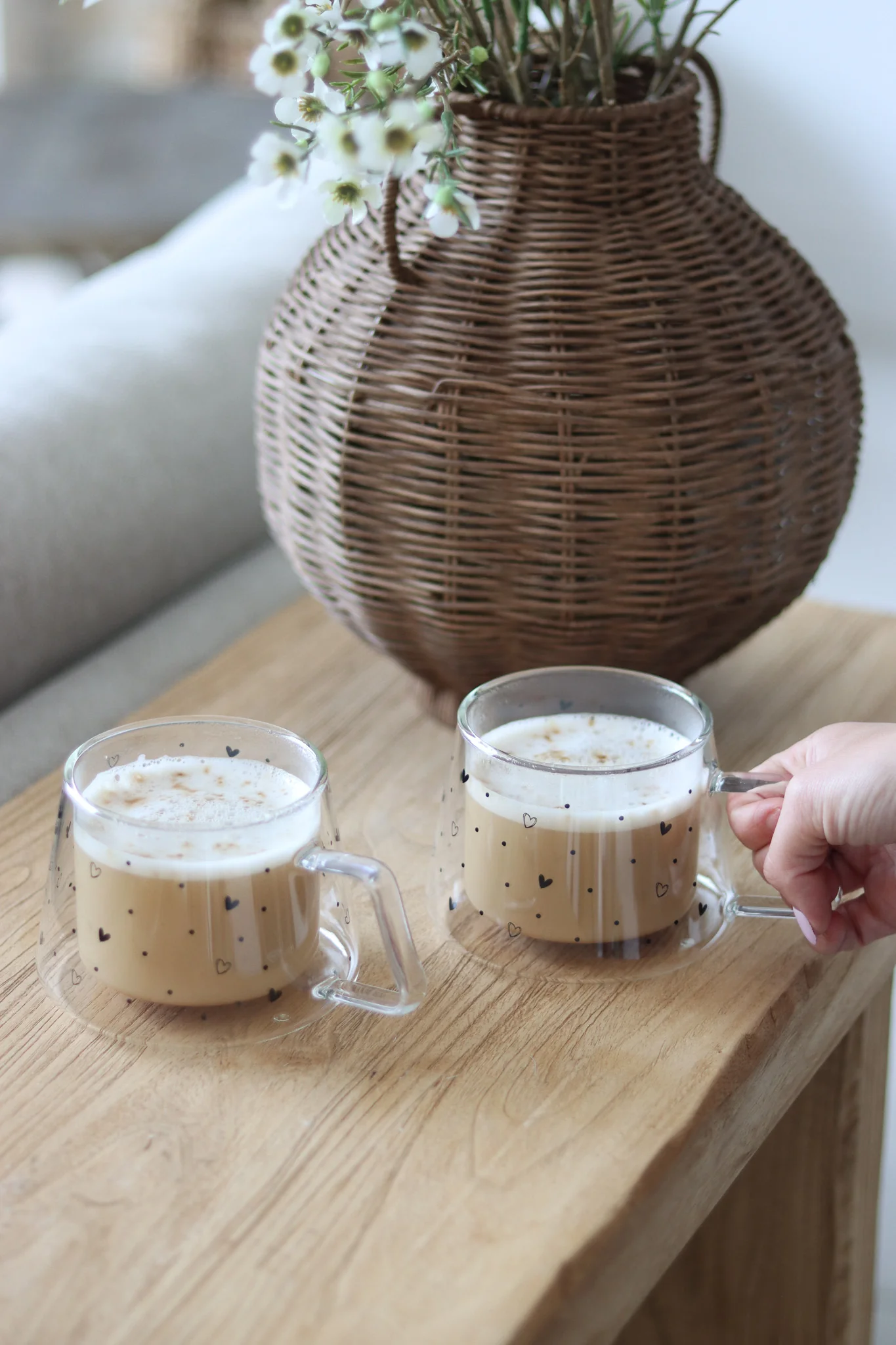 Wrap Around Double Walled Glass Mug Set - 2 Piece – Hearts & Dots/Black