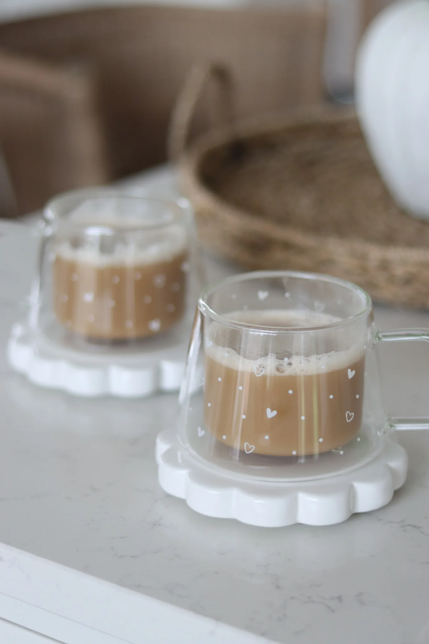 Wrap Around Double Walled Glass Mug Set - 2 Piece – Hearts & Dots White