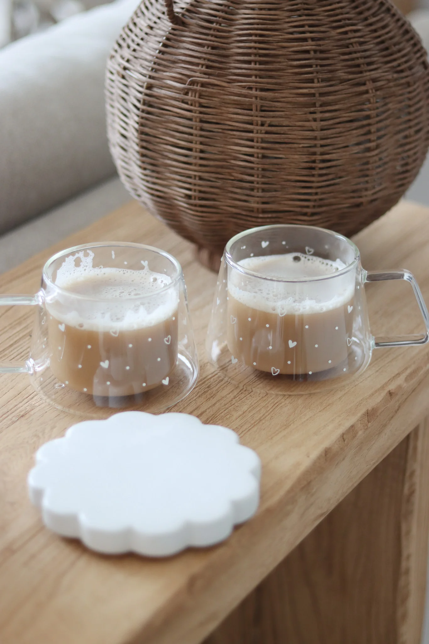 Wrap Around Double Walled Glass Mug Set - 2 Piece – Hearts & Dots White - Image 2
