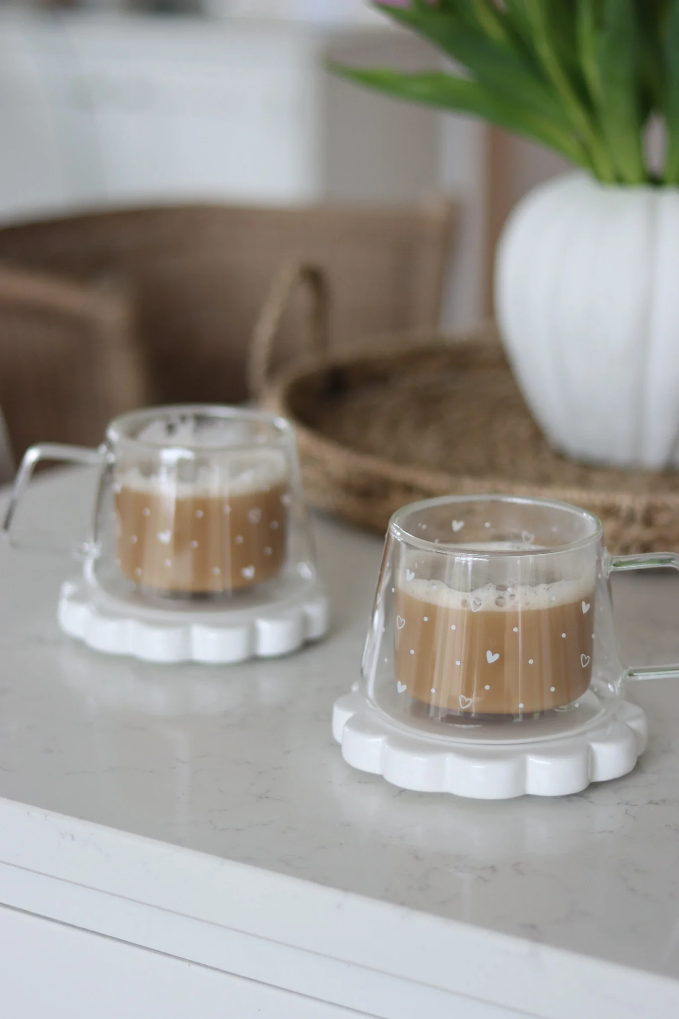Wrap Around Double Walled Glass Mug Set - 2 Piece – Hearts & Dots White - Image 3