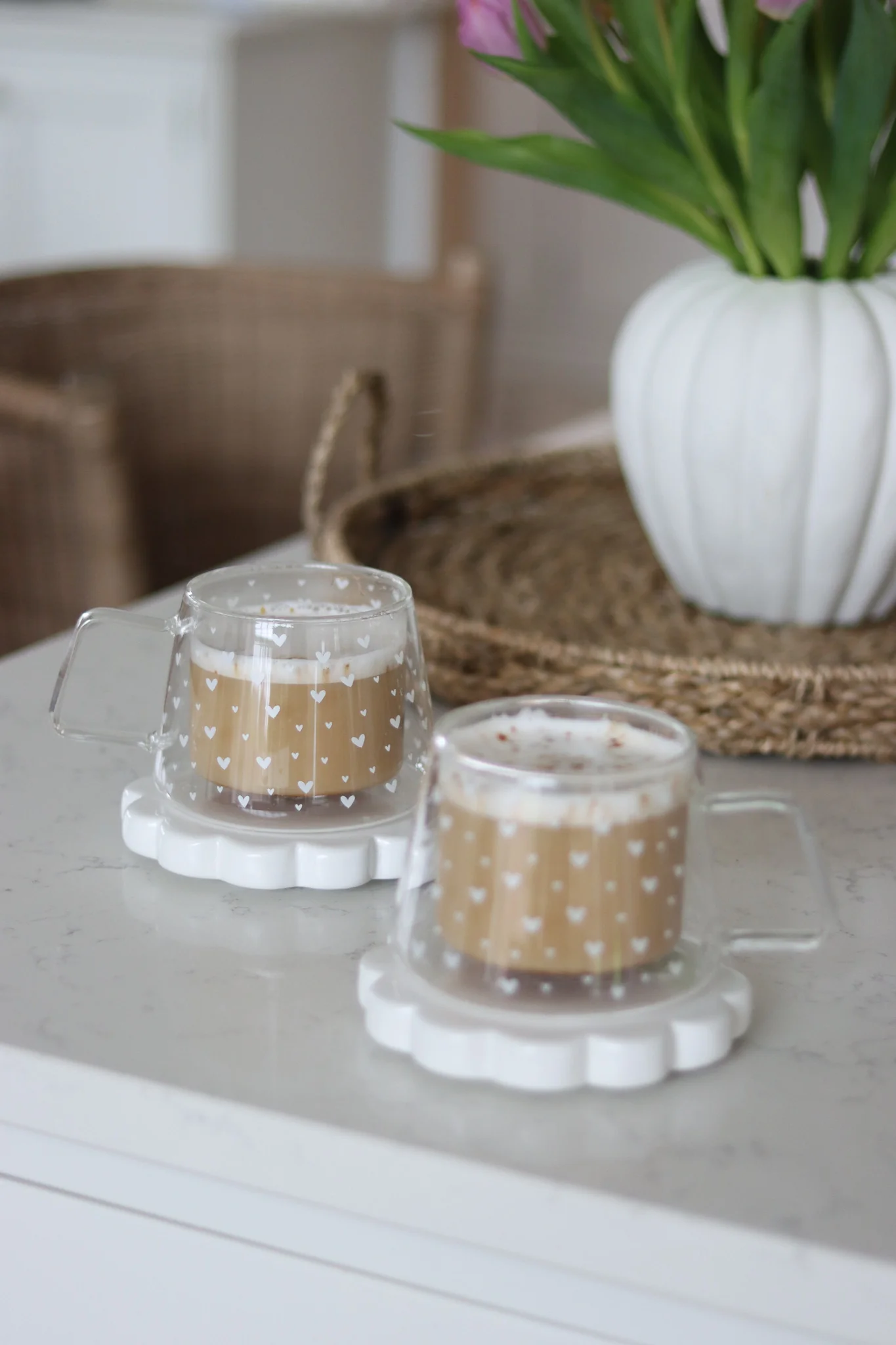 Wrap Around Double Walled Glass Mug Set -2 Piece ā Multi Heart White