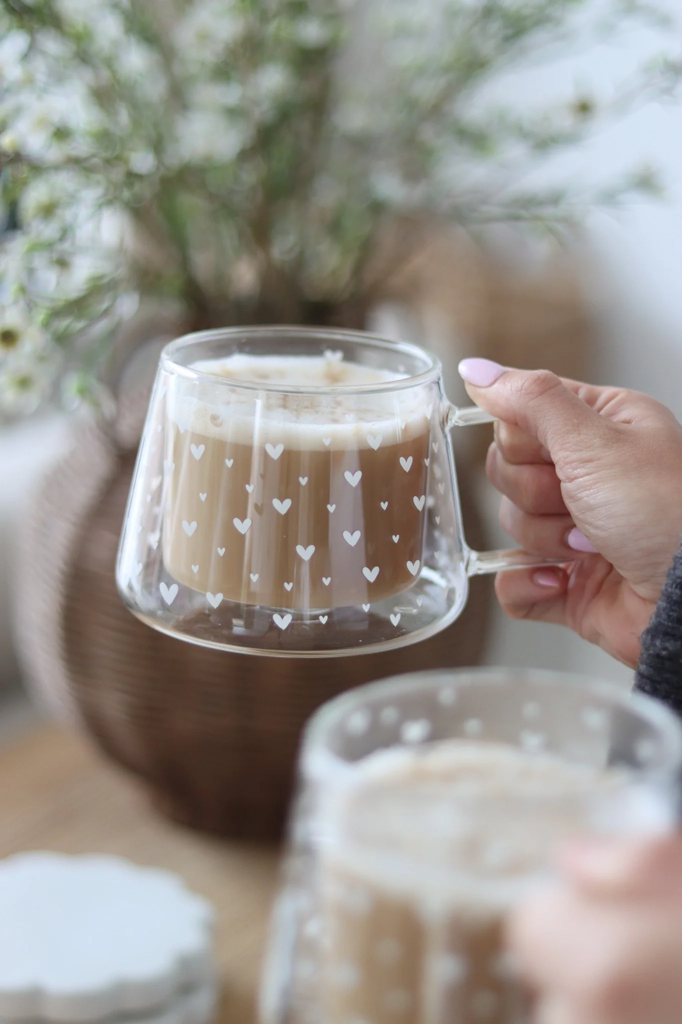Wrap Around Double Walled Glass Mug Set -2 Piece ā Multi Heart White - Image 2